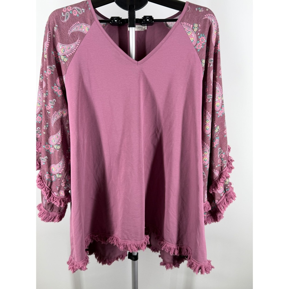 Southern Stitch Womens 3XL Purple Paisley Fringe Raglan Sleeve V-Neck Tunic Top - Picture 2 of 7